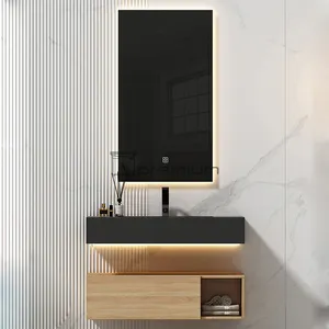 Modern Cabinet Design Sintered Stone Top LED Mirror Luxury One Piece Bathroom Vanity with Sink