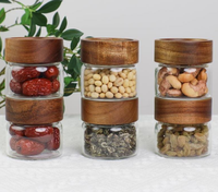 Pot en verre borosilicate transparent avec couvercle en bois de bambou/noyer/acacia, hermétique, de différentes tailles, pour le stockage de feuilles vertes et de fleurs, avec couvercle en bois CR
