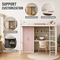 Lit mezzanine en métal rose et bleu pour enfants avec bureau, lit superposé en acier mignon avec armoire et barrière de sécurité pour chambre d'enfant