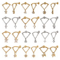 Boucle d'oreille hélix florale en acier inoxydable 316L avec chaîne et zircone cubique, clou de cartilage à dos plat pour femme, doré, pour piercing supérieur de l'oreille