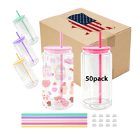 Tumbler Plastik Akrilik Bening Dinding Ganda 16oz US RTS Laris Manis dengan Tutup Plastik Berwarna