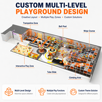 Équipement de terrain de jeu intérieur multi-niveaux avec trampoline, parcours ninja, piscine à balles, toboggan tubulaire, zone d'escalade et zone de jeu interactive