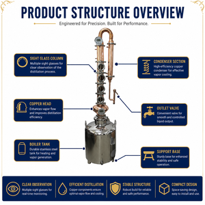 Equipo de Destilación de Cobre Ultraeficiente de 100L para <span class=keywords><strong>Alcohol</strong></span>, Diseño de Columna de Reflujo, Destilador Profesional con Válvulas - Product Image 2