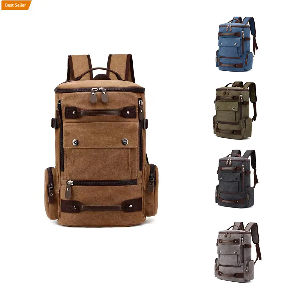 Custom Logo Vintage Canvas Camping Hiking Backpacks Unisex Shoulder Brown Backpack Bag China Casual Solid Color Hiking Rucksack