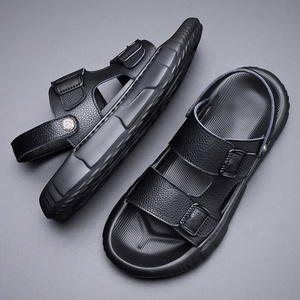 Sandales pour hommes en cuir véritable à motif léopard, à bout ouvert, avec boucle, confortables, antidérapantes, pour l'été, décontractées, semelle en caoutchouc, pour l'extérieur - Product Image 2