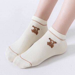 <b>Teddy</b> <b>Bear</b> Ankle Socks For Women Breathable Sweat Absorbing Casual Wear Light Beige Striped Design With Cartoon <b>Pattern</b> - Product Image 2