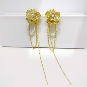 custom plata 925 sterling silver Flower Shape Pearl <b>Earring</b> fine vintage 22k gold plated wedding women chain <b>tassels</b> <b>earrings</b> - Product Image 1