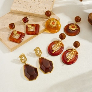 Geometric Resin Pendant Earrings Zinc Alloy Stainless Steel Studs Fashion Dangle Earrings For Women Boho Style Jewelry Set - Product Image 3
