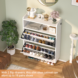 Meuble à chaussures autoportant en bois avec portes battantes, capteur de mouvement, éclairage LED, organisateur d'entrée, étagères ouvertes pour placard, salon - Product Image 4