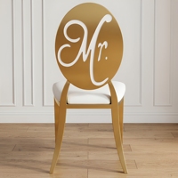 Chaise de banquet de luxe en acier inoxydable doré, dossier rond solide, revêtement blanc, pour mariage, hôtel, villa, salle à manger