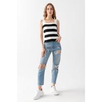 Camiseta sin mangas de punto a rayas con cuello cuadrado para mujer, informal, con rayas azules y blancas