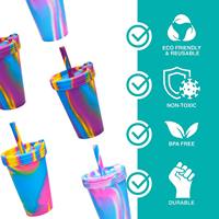 Vaso de Silicona con Tapa y Pajita, Diseño Tie Dye, Irrompible, para Bebidas, Café, Deportes, Aire Libre, Hogar, Ecológico