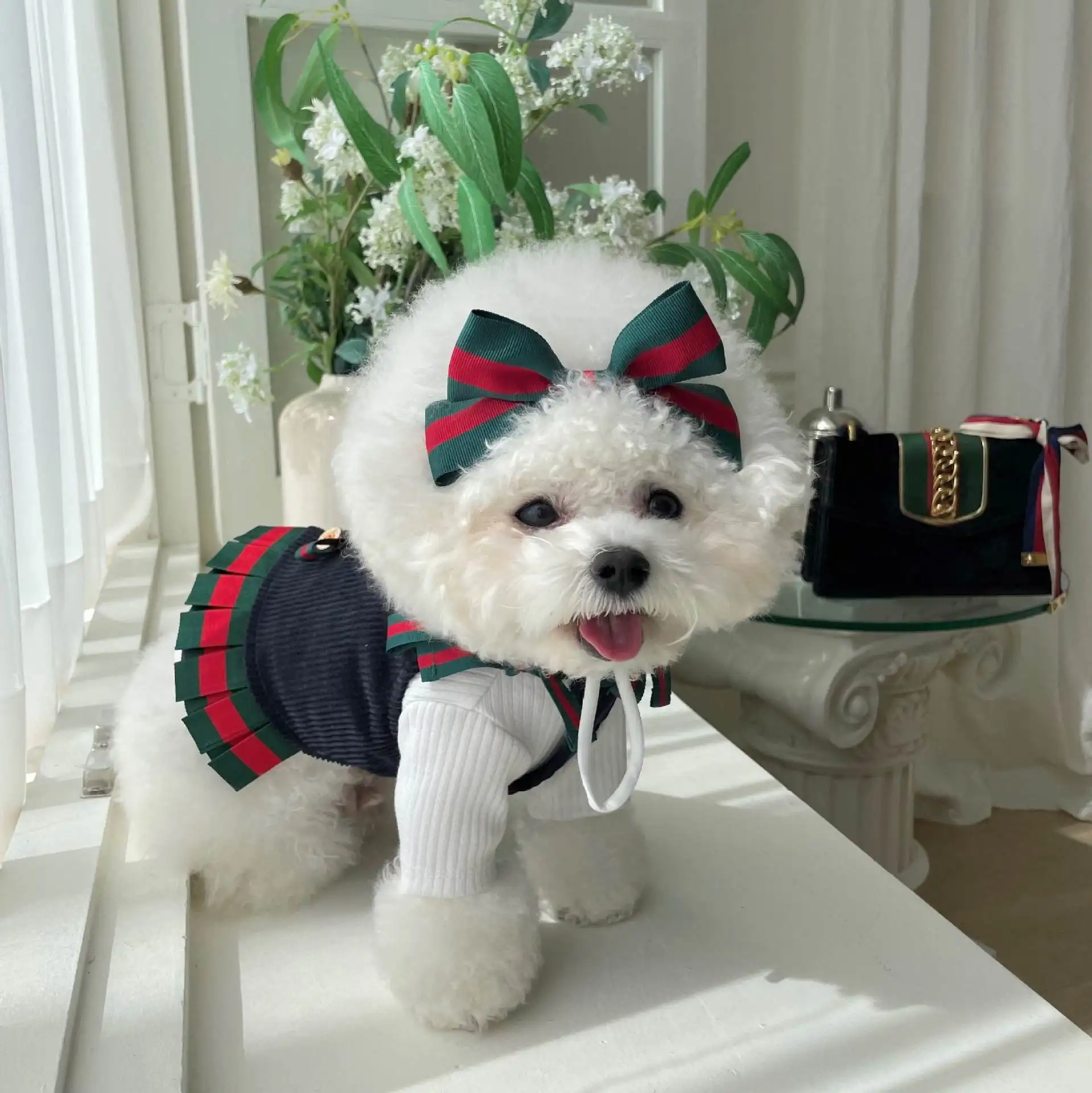 Modische Luxusmarke neuestes elegantes Design Hündekleid Kleidung gestrickt Hundespullover Haustier Slip-Kleid mit Bogen und Kopfband