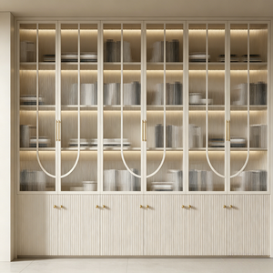 BALOM Luxury <strong>Cream</strong> Style Fluted Panel <strong>Bookcase</strong> With Tempered Glass Door LED Lighting Bedroom Storage Display Unit - Product Image 1