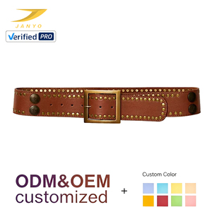 <span class=keywords><strong>Ceinture</strong></span> large en cuir personnalisée pour femme, avec double rangée de clous dorés, <span class=keywords><strong>boucle</strong></span> carrée en laiton vintage et grands rivets décoratifs - Product Image 1