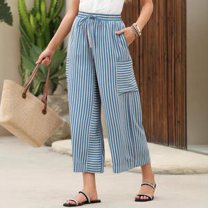 Pantalones de pierna recta a rayas de verano 2025, pantalones informales de playa de pierna ancha con cordón para mujer, superventas, transpirables - Product Image 2