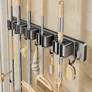 Blue Vine <b>Wall</b> Mounted <b>Mop</b> Holder Chrome Finish Punch Free With Hooks For Bathroom Storage - Product Image 3