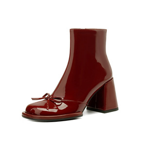 Chaussures de mariée rouges à talons hauts de style français pour femmes, automne-hiver, talons épais, bottines à la cheville, élégantes, pour robe de soirée - Product Image 5