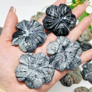 Wholesale Crystal Crafts Carving Lucky Pendant Black Net Stone Five-petaled Flowers For Decoration