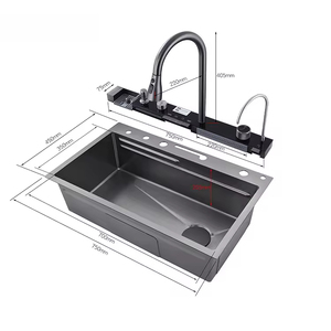 Lavello da <span class=keywords><strong>Cucina</strong></span> Moderno in Acciaio Inox con Vasca Singola Grande, Multifunzione, Nero PVD, <span class=keywords><strong>Rubinetto</strong></span> a Cascata in Ottone, Anti-Graffio, LED Digitale - Product Image 4
