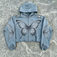Hoodie Zip Up Heavyweight Motif Kupu-kupu Acid Wash Distressed, Sweatshirt Streetwear Warna Biru Pudar, Grafis, Pria