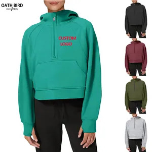 OEM Cotton Quarter Zip Pullover Hoodies Benutzer definierte Stickerei Logo Cropped Top Loose Sweatshirt Outdoor Fleece Sweatshirts für Frauen