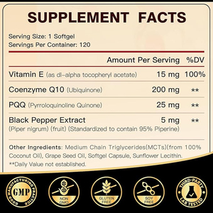 Suplemento de CoQ10 en Cápsulas Blandas con Certificación GMP, 200 mg con PQQ y Vitamina <span class=keywords><strong>E</strong></span> para Apoyo Energético, Extracto de Pimienta Negra - Product Image 4