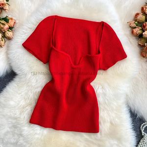 Women's Short Sleeve Square Neck Knit <b>Top</b> Short T-Shirt Fashion - Product Image 5
