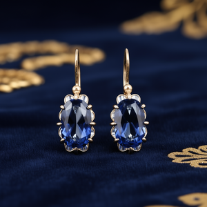 Boucles d'oreilles pendantes pour femme E4627, pierre précieuse bleu foncé, plaqué or, sertissage griffe, forme fleur classique, usage quotidien - Product Image 2