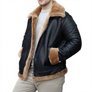 Chaqueta Bomber de Invierno para Hombre, de Cuero Genuino, con Forro de Piel Sintética, Cuello Alto, Cierre de Cremallera, Transpirable, Resistente al Viento, Personalizable OEM - Product Image 1