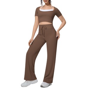 Ensemble de yoga deux pièces pour <span class=keywords><strong>femme</strong></span>, couleur unie, bicolore, effet seconde peau, haute élasticité, imitation respirante, infroissable, avec cordon de serrage - Product Image 5