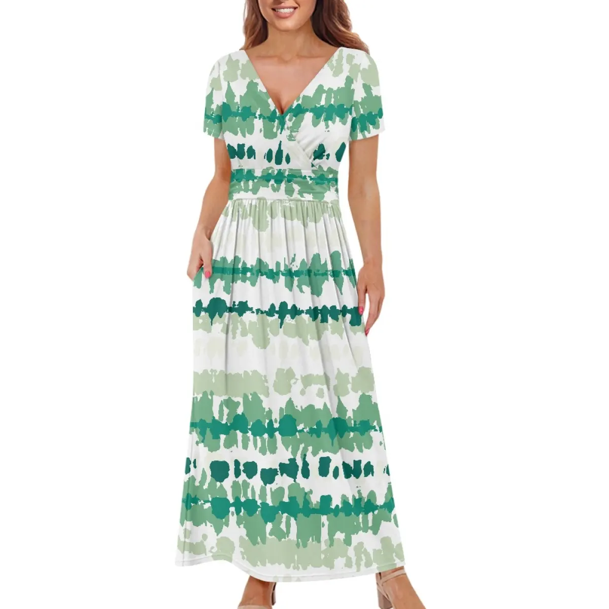 Summer Women V Neck Short Sleeves Ruffle Dress Custom Tie dye printed Casual Party Elegant Maxi Long Dresses with Pockets