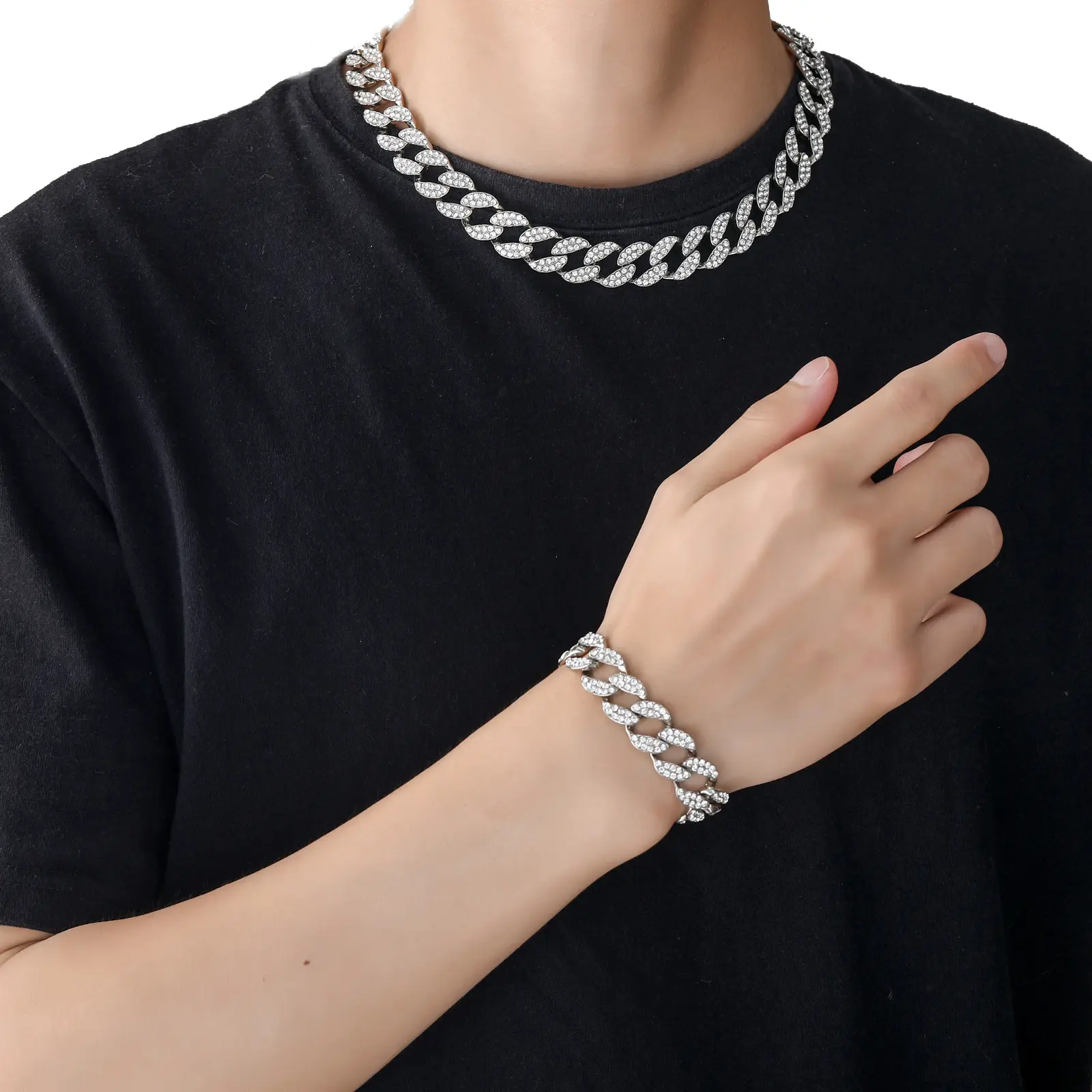 BINSHUO สร้อยข้อมือ15มม.,สร้อยคอโซ่สไตล์คิวบาเคลือบทอง18K เครื่องประดับ Hiphop