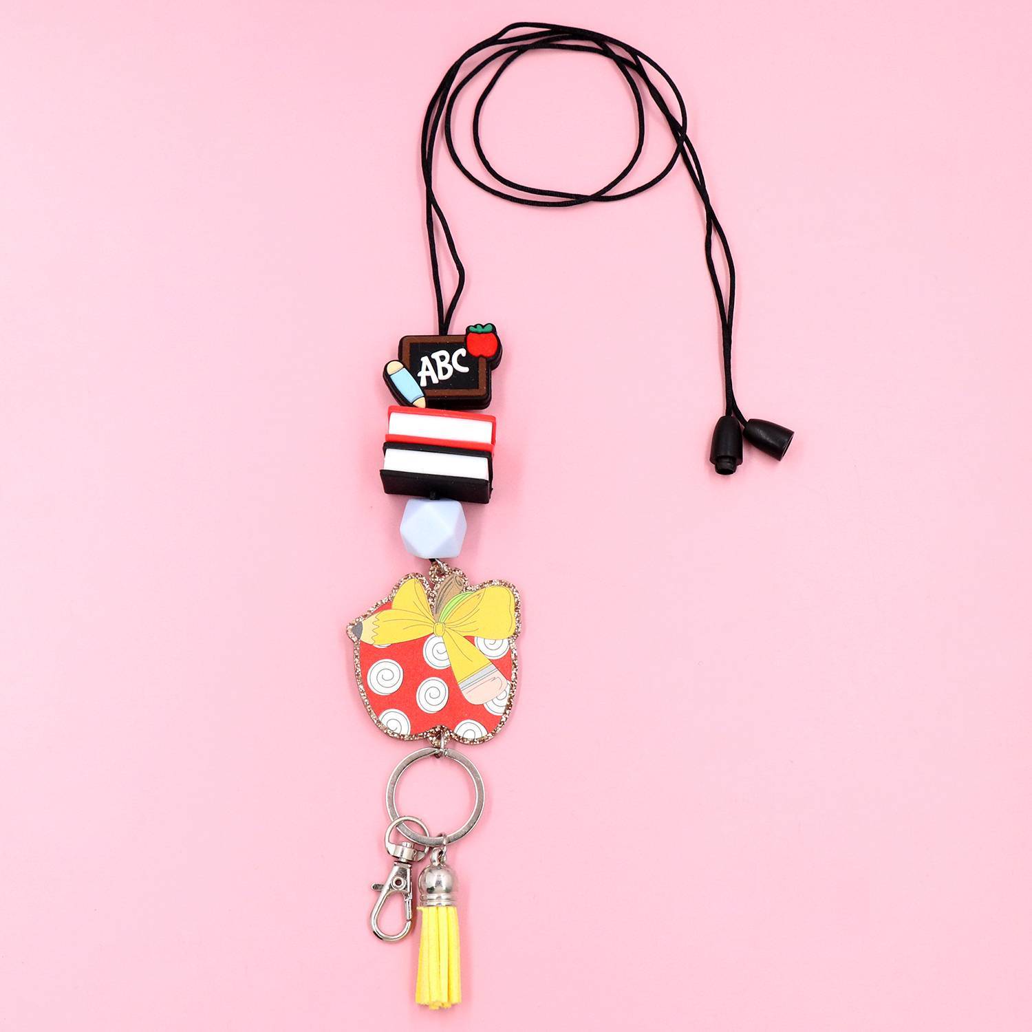 Personalized Beaded Teacher Lanyard for Keys or ID Badge with Glitter Acrylic Crayon Apple Mouse Head Design-Cute Teacher Gift Image 2
