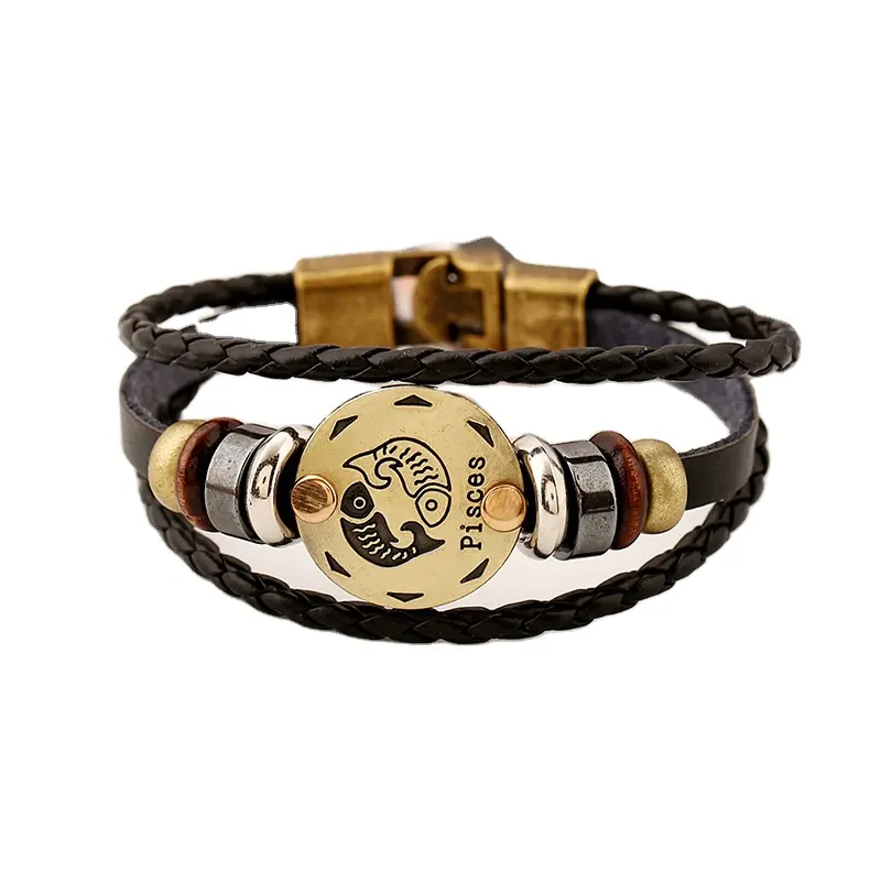 Jane Eyre Women Men Engraved 12 Constellations Press Button Antique Copper Plated Weave Leather Multilayer Bracelet