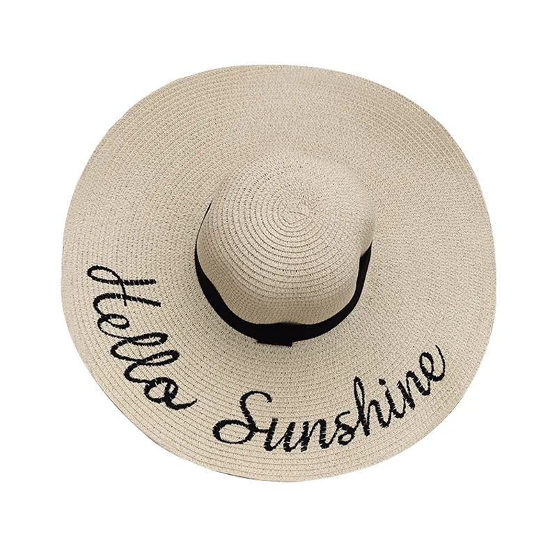 Summer Women Wide Brim Letter Embroidery Straw Hat Sun Beach Hats Floppy Roll up Hat Foldable