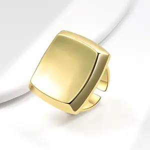 Trendy Simple Gram Gold Vermeil Jewelry Adjustable Hollow Geometric Square Bezels Metal Smooth Ring Designs For Men Women