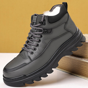 High Top Cotton Shoes Men Winter Fleece Lined Thick Sole Non Slip Warm <b>Wool</b> Leather Snow Boots Black Gray Size 38 44 - Product Image 2