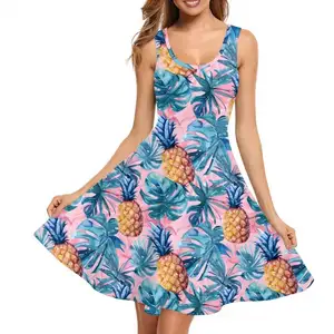 Island Stylish Neon Palm Leaf & Leopard Print Women Summer Casual Sleeveless Mini Custom Tank Vest Skater Dresses Flowing