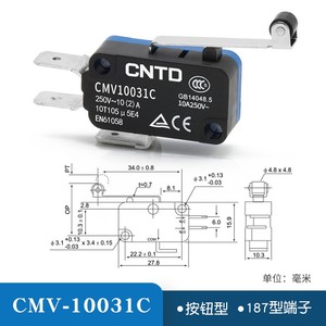 Microinterruptor Eléctrico Miniatura CNTD Changde CMV10031C, Auto-Reiniciable, 10A, Tipo Microinterruptor de Rodillo, Hecho de Plástico - Product Image 3