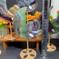 Lune en Fluorite Naturelle Arc-en-ciel en Gros avec Cœur Sculpté, Support Métallique, Ornement de Guérison pour Cadeau
