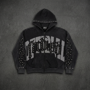 Sudadera con capucha negra con tachuelas y efecto desgastado, con cremallera completa, de forro polar estampado, estilo casual urbano, 100% algodón, oversize, corta, para hombre - Product Image 3