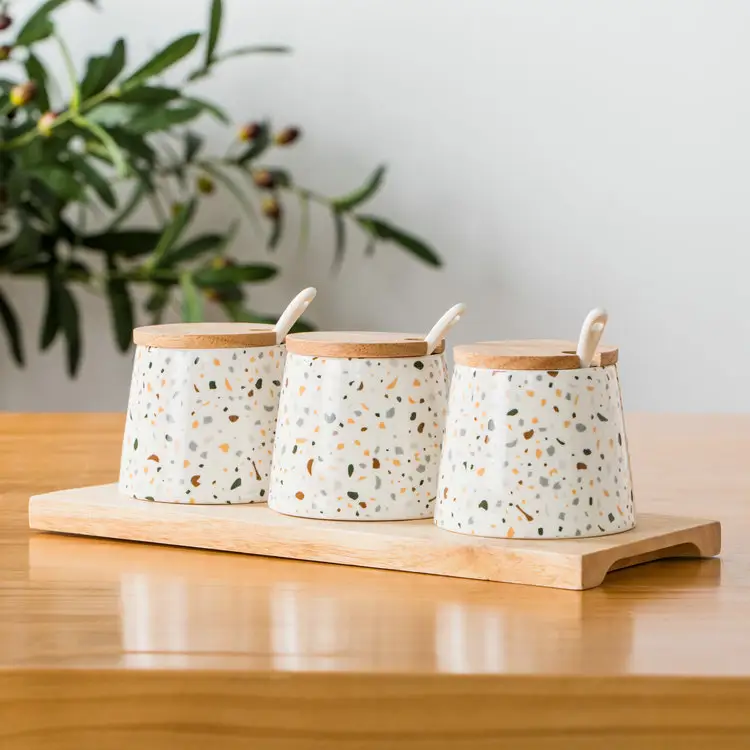 Wholesale terrazzo decal condiment container 3 pcs kitchen ceramic salt spice jars with bamboo tray