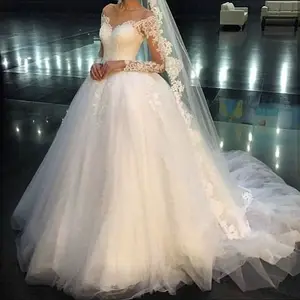 FA179 Fashion Full Sleeves Floor Length Tulle Lace Applique Ball Gown Wedding Dresses Long Sleeves Lace Bride Gowns