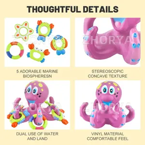 Zhorya Interactive Bath Toy Rubber Octopus Bathing Shower Toys Floating Purple Octopus With Hoopla Rings