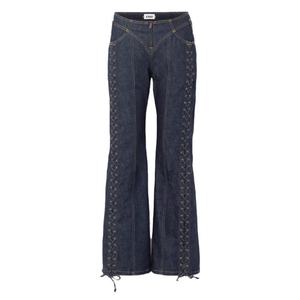 กางเกงยีนส์ทรงบานสีน้ำเงินวินเทจแบบผูกเชือกสูงพิเศษแฟชั่นลำลองพร้อมโลโก้สั่งทำราคาส่ง - Product Image 1