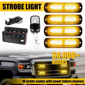 Barre lumineuse d'avertissement clignotante aux LED 4-en-1 Ambre 12 LED 18 modes pour grille de voiture, kit de barre lumineuse d'urgence aux LED - Product Image 1
