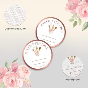 สติกเกอร์ทรงกลม "อบด้วยความรัก" ขอบสีโรสโกลด์ ป้ายเขียนได้สำหรับบรรจุภัณฑ์ขนมอบ - Product Image 3