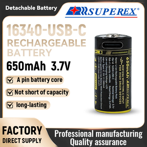 Batterie rechargeable au <span class=keywords><strong>lithium</strong></span> SUPEREX 16340-USB-C <span class=keywords><strong>CR123A</strong></span> 3.7V 650mAh, batterie détachable en stock, vente en gros d'usine - Product Image 1