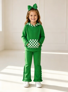 Ensembles de sweats à capuche personnalisables pour petites filles, hauts à manches longues à carreaux avec poches et pantalons à volants, tenues décontractées 2 pièces - Product Image 6